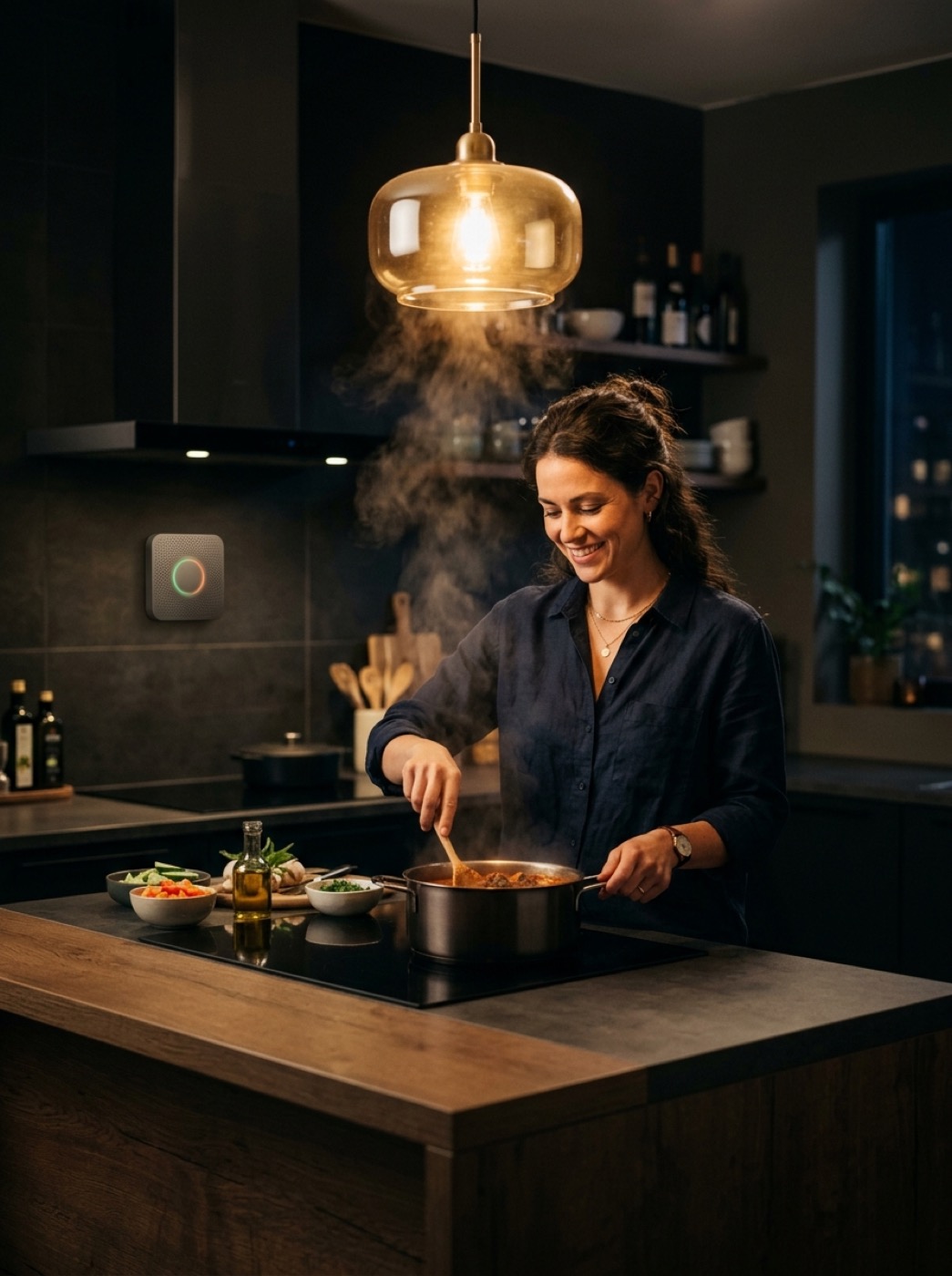 Woman cooking safely at night under an OBEX kitchen fire suppression system