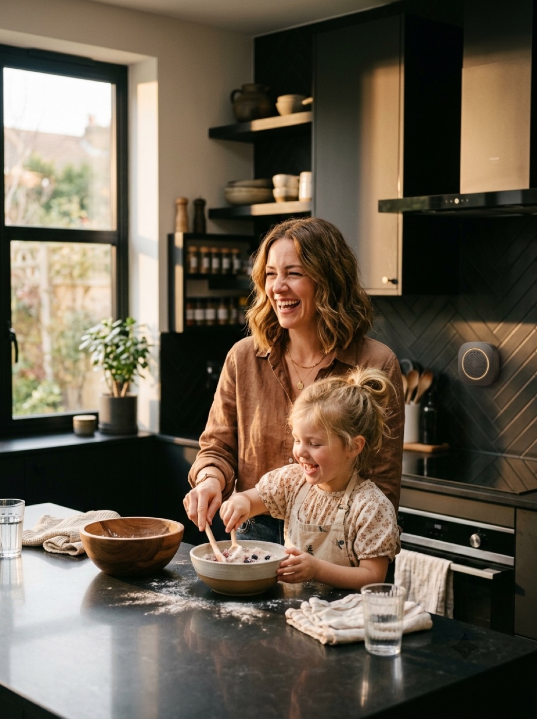Mother and daughter cooking together in a kitchen protected by OBEX fire suppression