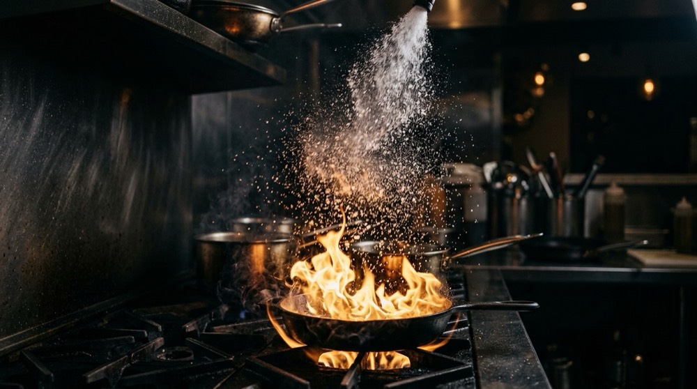 OBEX autonomous fire suppression discharging clean agent onto a stovetop fire