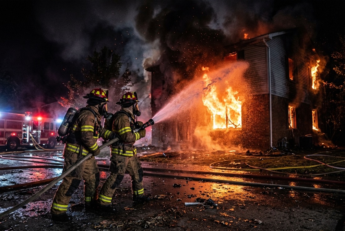 Firefighters battling a house fire at night after a kitchen fire spread