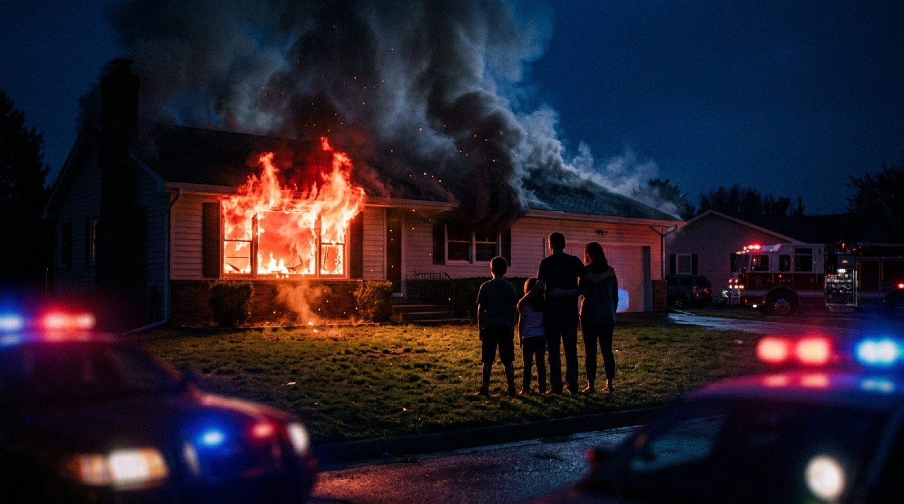 A family home engulfed by fire at night after an unattended kitchen fire spread